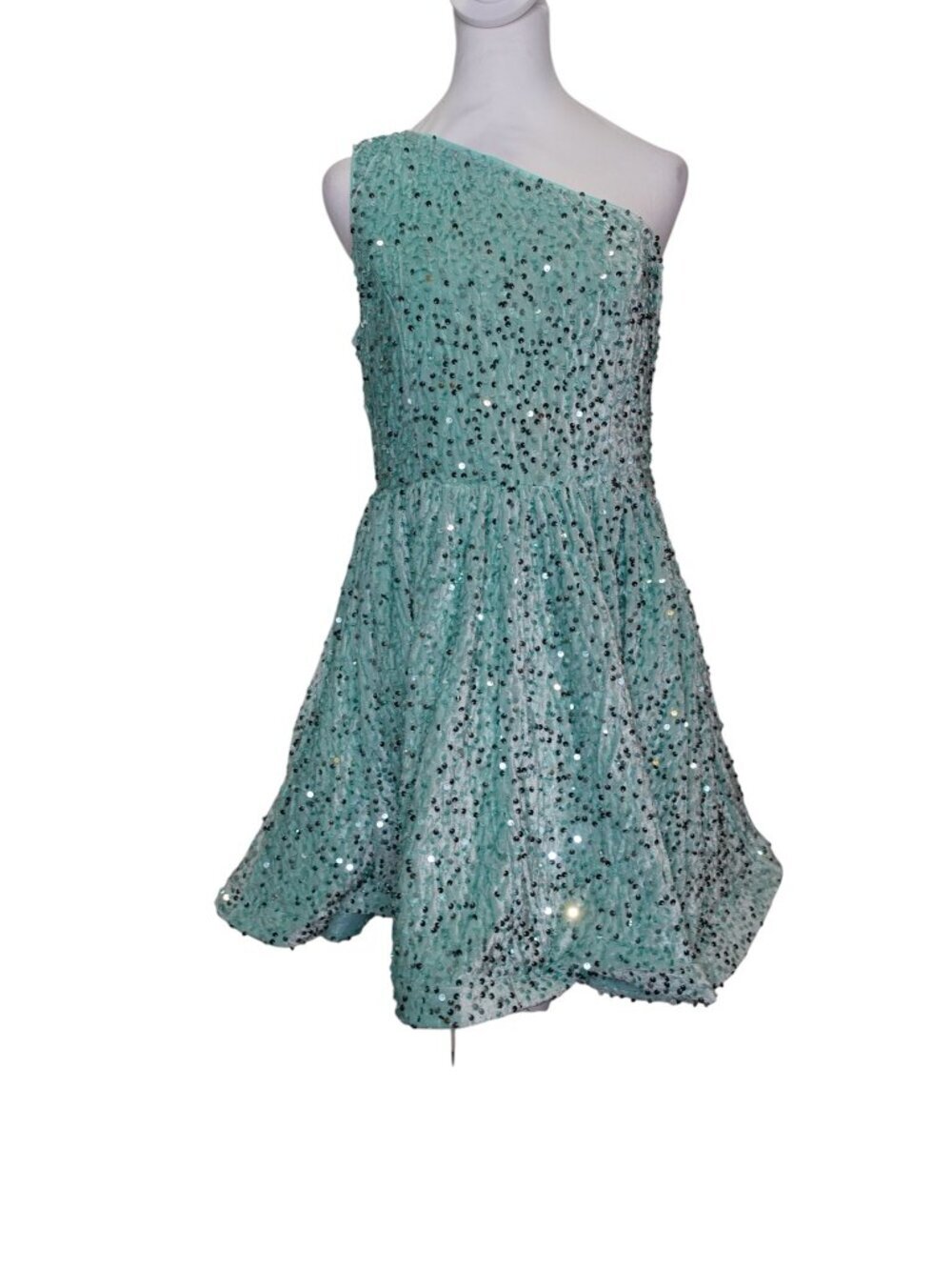 FAERIESTY Sequin women's mini dress in light blue size XL one shoulder NEW